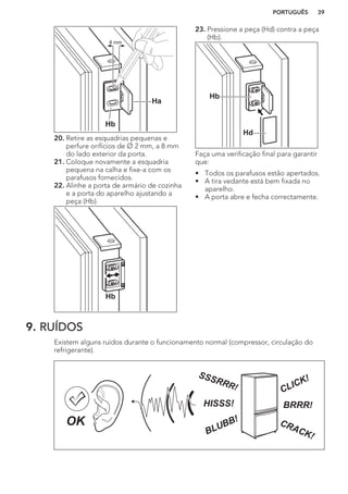 Ha
Hb
8 mm
20. Retire as esquadrias pequenas e
perfure orifícios de Ø 2 mm, a 8 mm
do lado exterior da porta.
21. Coloque novamente a esquadria
pequena na calha e fixe-a com os
parafusos fornecidos.
22. Alinhe a porta de armário de cozinha
e a porta do aparelho ajustando a
peça (Hb).
Hb
23. Pressione a peça (Hd) contra a peça
(Hb).
Hb
Hd
Faça uma verificação final para garantir
que:
• Todos os parafusos estão apertados.
• A tira vedante está bem fixada no
aparelho.
• A porta abre e fecha correctamente.
9. RUÍDOS
Existem alguns ruídos durante o funcionamento normal (compressor, circulação do
refrigerante).
BRRR!HISSS!
CLICK!
BLUBB! CRACK!
SSSRRR!
OK
PORTUGUÊS 39
 