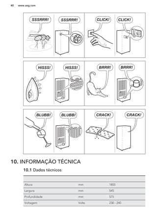 CLICK! CLICK!SSSRRR! SSSRRR!
BRRR! BRRR!HISSS! HISSS!
BLUBB! BLUBB! CRACK!CRACK!
10. INFORMAÇÃO TÉCNICA
10.1 Dados técnicos
Altura mm 1855
Largura mm 545
Profundidade mm 575
Voltagem Volts 230 - 240
www.aeg.com40
 