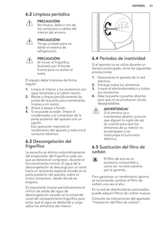 6.2 Limpieza periódica
PRECAUCIÓN!
No mueva, dañe ni tire de
los conductos o cables del
interior del armario.
PRECAUCIÓN!
Tenga cuidado para no
dañar el sistema de
refrigeración.
PRECAUCIÓN!
Al mover el frigorífico,
levántelo por el borde
frontal para no arañar el
suelo.
El equipo debe limpiarse de forma
regular:
1. Limpie el interior y los accesorios con
agua templada y un jabón neutro.
2. Revise y limpie periódicamente las
juntas de la puerta para mantenerlas
limpias y sin restos;
3. Aclare y seque a fondo.
4. Si se puede acceder, limpie el
condensador y el compresor de la
parte posterior del aparato con un
cepillo.
Esa operación mejorará el
rendimiento del aparato y reducirá el
consumo eléctrico.
6.3 Descongelación del
frigorífico
La escarcha se elimina automáticamente
del evaporador del frigorífico cada vez
que se detiene el compresor, durante el
funcionamiento normal. El agua de la
descongelación se descarga por un canal
hacia un recipiente especial situado en la
parte posterior del aparato, sobre el
motor compresor, desde donde se
evapora.
Es importante limpiar periódicamente el
orificio de salida del agua de
descongelación situado en la mitad del
canal del compartimento frigorífico para
evitar que el agua se desborde y caiga
sobre los alimentos del interior.
6.4 Periodos de inactividad
Si el aparato no se utiliza durante un
tiempo prolongado, tome las siguientes
precauciones:
1. Desconecte el aparato de la red
eléctrica.
2. Extraiga todos los alimentos.
3. Limpie el electrodoméstico y todos
sus accesorios
4. Deje la puerta o puertas abiertas
para que no se produzcan olores
desagradables.
ADVERTENCIA!
Si el armario va a
mantenerse abierto, procure
que alguien lo vigile de vez
en cuando para que los
alimentos de su interior no
se estropeen si se
interrumpe el suministro
eléctrico.
6.5 Sustitución del filtro de
carbón
El filtro de aire es un
accesorio consumible y,
como tal, no está cubierto
por la garantía.
Para garantizar un rendimiento óptimo
se recomienda cambiar el filtro de
carbón una vez al año.
En la red de distribuidores autorizados
puede adquirir filtros de carbón nuevos.
Consulte las instrucciones del apartado
“Instalación del filtro de carbón”.
ESPAÑOL 51
 