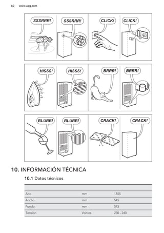 CLICK! CLICK!SSSRRR! SSSRRR!
BRRR! BRRR!HISSS! HISSS!
BLUBB! BLUBB! CRACK!CRACK!
10. INFORMACIÓN TÉCNICA
10.1 Datos técnicos
Alto mm 1855
Ancho mm 545
Fondo mm 575
Tensión Voltios 230 - 240
www.aeg.com60
 