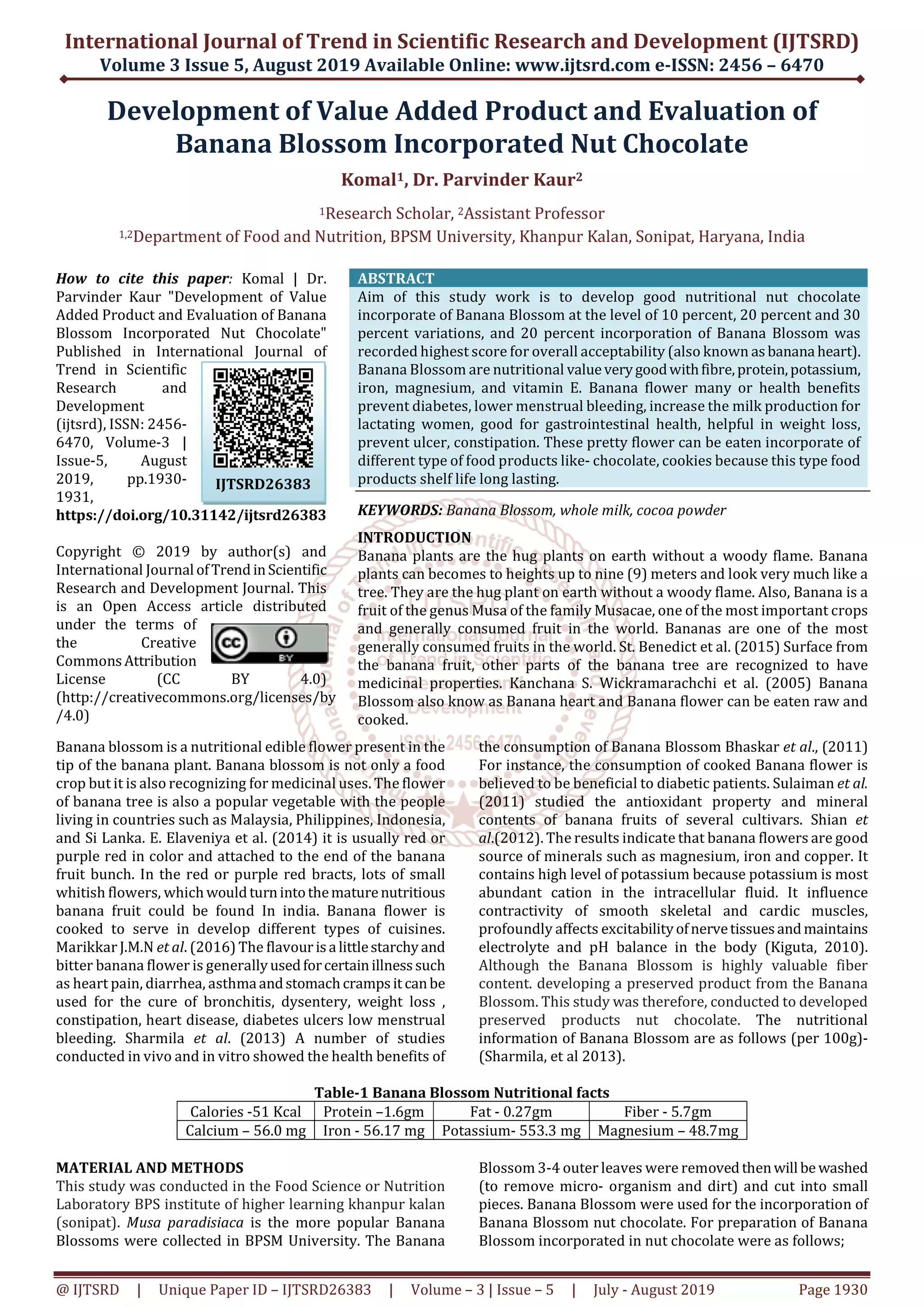 Development of Value Added Product and Evaluation of Banana Blossom ...