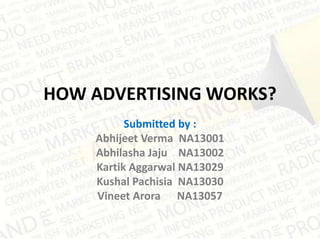 HOW ADVERTISING WORKS?
Submitted by :
Abhijeet Verma NA13001
Abhilasha Jaju NA13002
Kartik Aggarwal NA13029
Kushal Pachisia NA13030
Vineet Arora NA13057
 