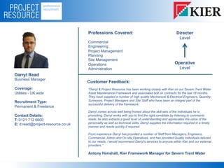 Darryl Read
Business Manager
Coverage:
Utilities - UK wide
Recruitment Type:
Permanent & Freelance
Contact Details:
T: 0121 712 6600
E: d.read@project-resource.co.uk
Professions Covered:
Commercial
Engineering
Project Management
Planning
Site Management
Operations
Administration
Director
Level
Operative
Level
Customer Feedback:
“Darryl & Project Resource has been working closely with Kier on our Severn Trent Water
Asset Maintenance Framework and associated bolt on contracts for the last 18 months.
They have supplied a number of high quality Mechanical & Electrical Engineers, Quantity
Surveyors, Project Managers and Site Staff who have been an integral part of the
successful delivery of the framework.
Darryl comes across well being honest about the skill sets of the individuals he is
promoting. Darryl works with you to find the right candidate by listening to comments
made; he also extracts a good level of understanding and appreciates the value of the
personality as well as technical skills. Darryl supplies the information required in a timely
manner and reacts quickly if required.
From experience Darryl has provided a number of Staff from Managers, Engineers,
Commercial, Admin and On site Operatives, and has provided Quality individuals tailored
to our needs. I would recommend Darryl’s services to anyone within Kier and our external
providers.”
Antony Henshall, Kier Framework Manager for Severn Trent Water
 