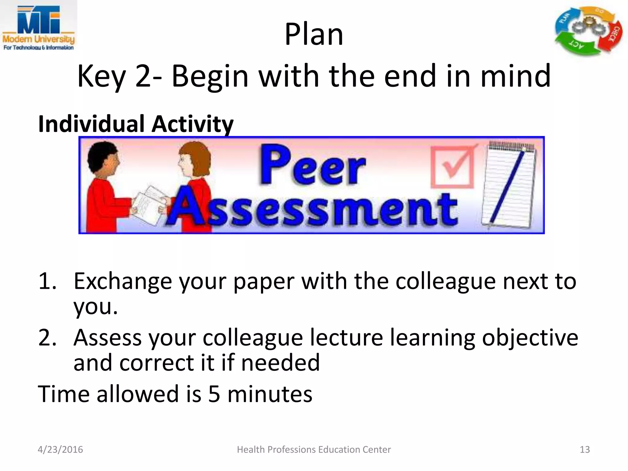 Plan
Key 2- Begin with the end in mind
Individual Activity
1. Exchange your paper with the colleague next to
you.
2. Assess your colleague lecture learning objective
and correct it if needed
Time allowed is 5 minutes
4/23/2016 Health Professions Education Center 13
 
