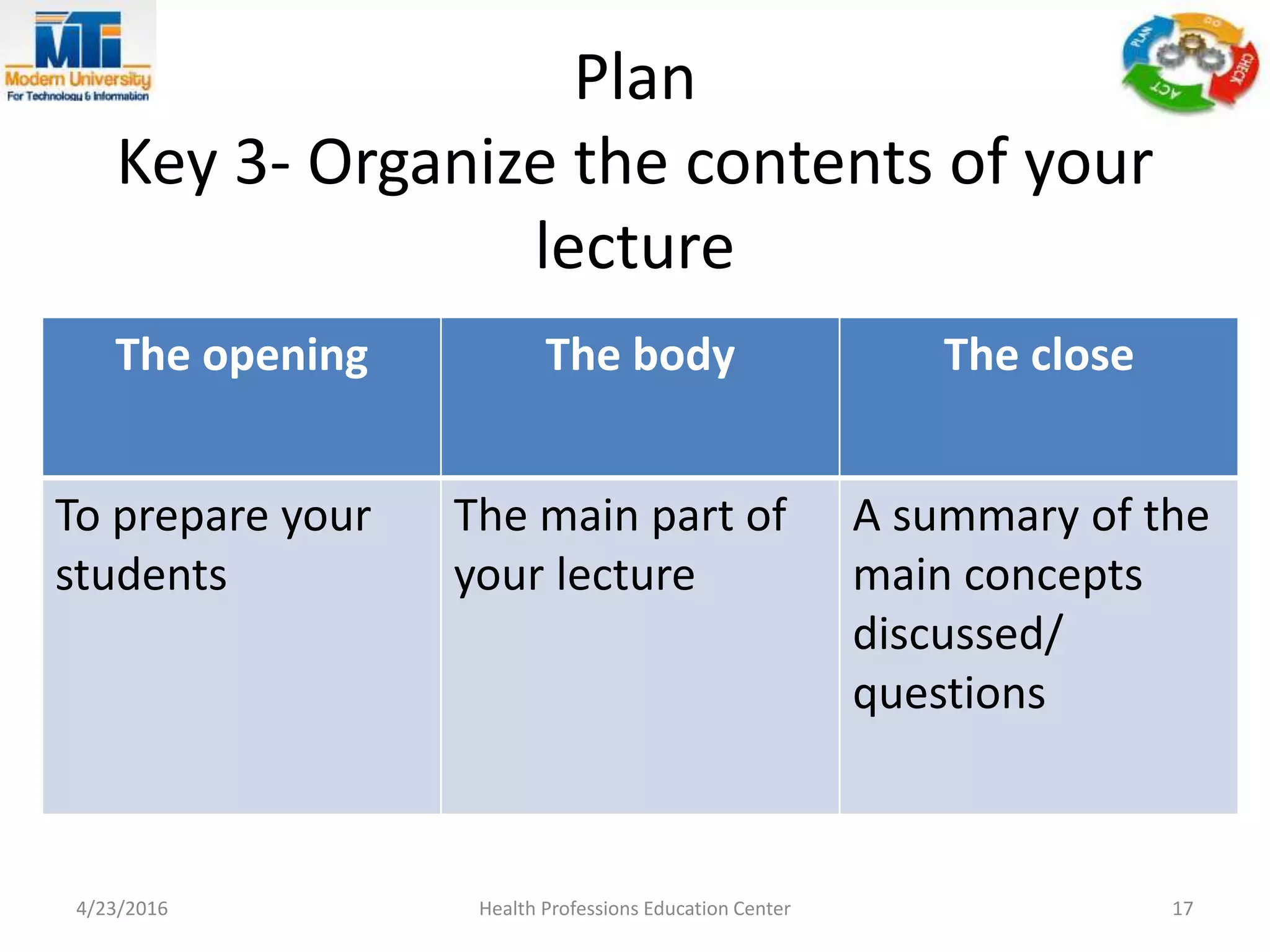 Plan
Key 3- Organize the contents of your
lecture
The opening The body The close
To prepare your
students
The main part of
your lecture
A summary of the
main concepts
discussed/
questions
4/23/2016 Health Professions Education Center 17
 