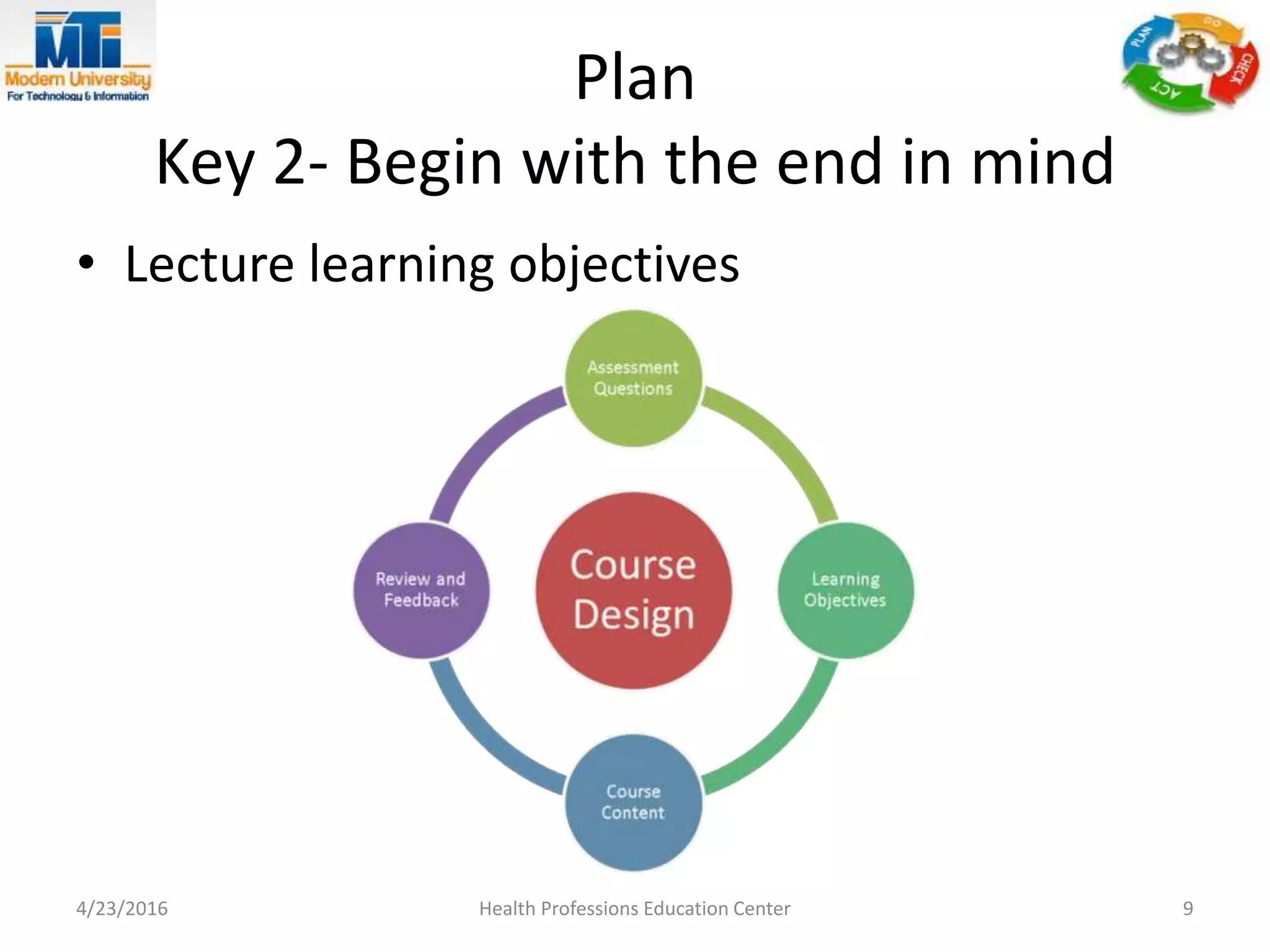 Plan
Key 2- Begin with the end in mind
• Lecture learning objectives
4/23/2016 Health Professions Education Center 9
 
