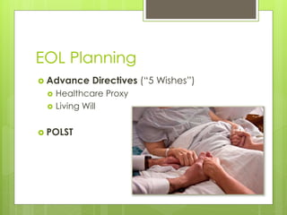EOL Planning
 Advance Directives (“5 Wishes”)
 Healthcare Proxy
 Living Will
 POLST
 