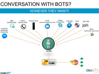 CONVERSATION WITH BOTS?
SMS
856-897-6565
HOWEVER THEY WANT!!
Phone
856-897-6565
Kore App
/SDK
Skype
SalesOrder SAP JAM
Email
salesorder@jjcorp.com
Amazon Echo Voice
Facebook
Messenger
SalesOrder
Slack
salesorder.slack.com
 