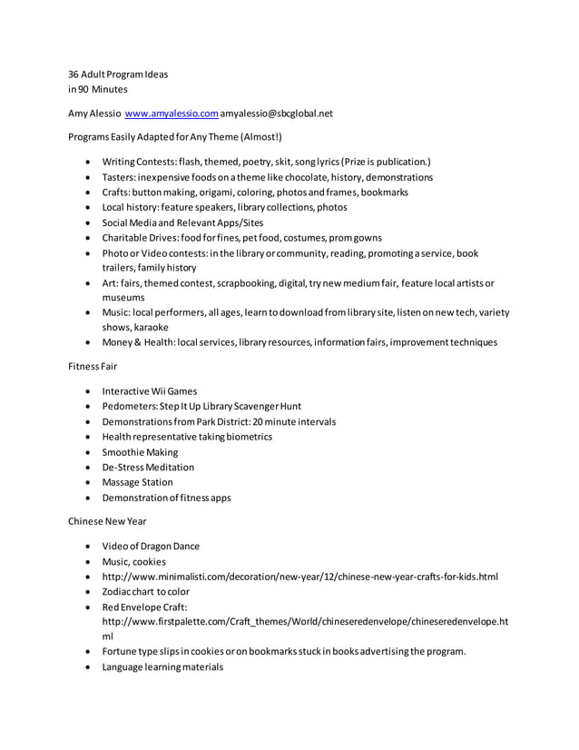 36 Adult Program Ideas Outline | DOCX | Arts and Crafts | Hobbies ...