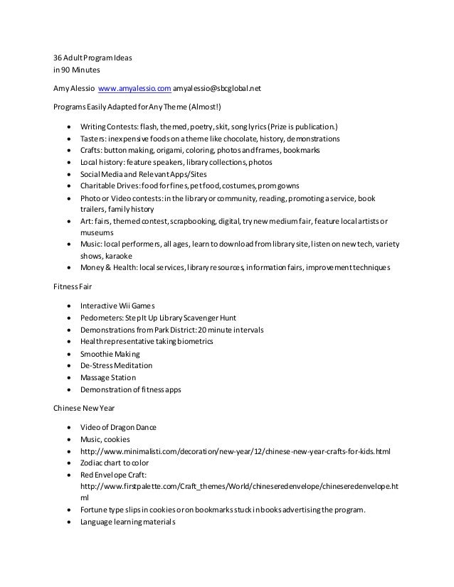 36 adultprogramideas in90 minutes amyalessio wwwamyalessiocom amyalessiosbcglobalnet programseasilyadaptedforanytheme