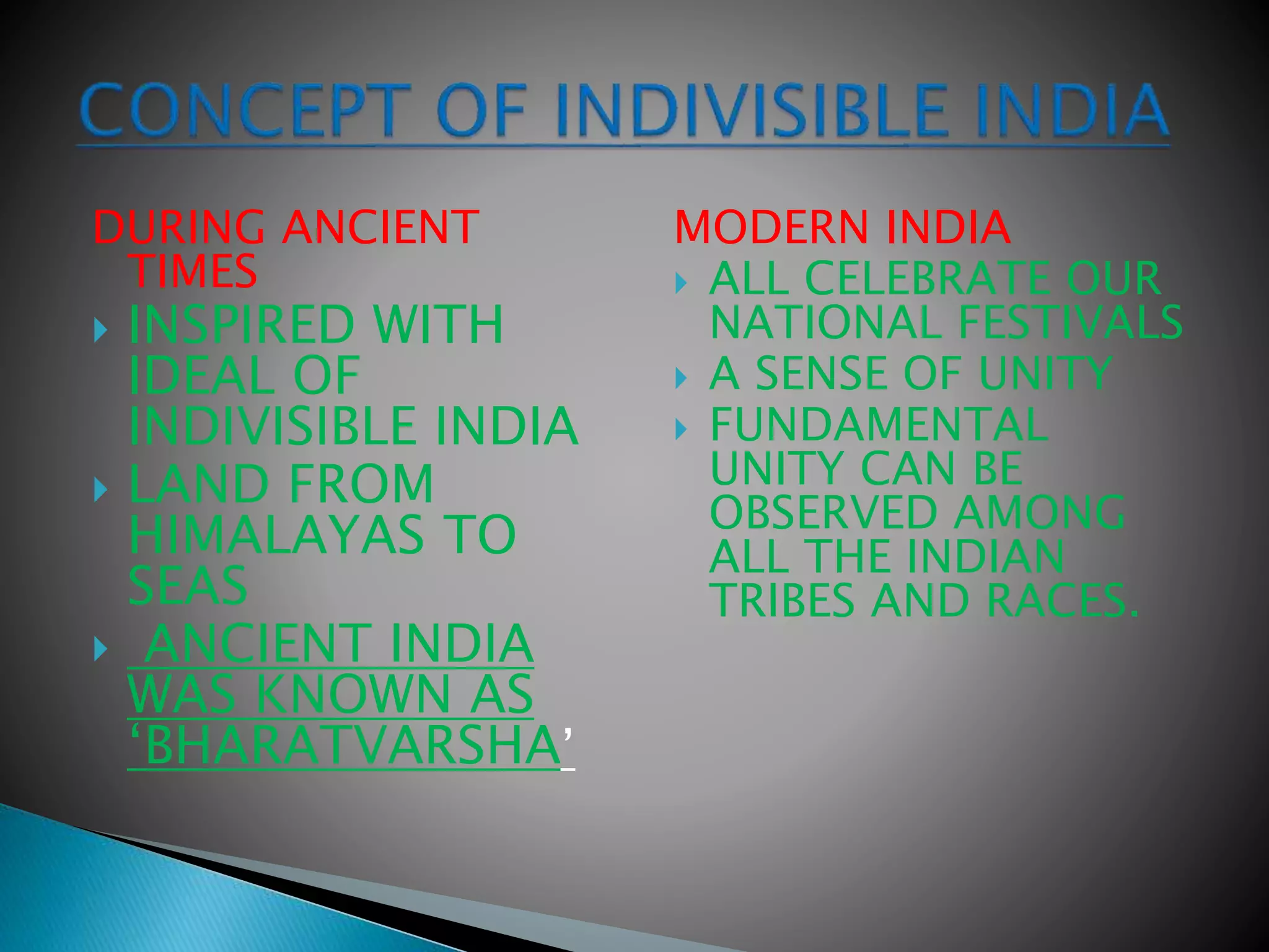 DURING ANCIENT
TIMES
 INSPIRED WITH
IDEAL OF
INDIVISIBLE INDIA
 LAND FROM
HIMALAYAS TO
SEAS
 ANCIENT INDIA
WAS KNOWN AS
‘BHARATVARSHA’
MODERN INDIA
 ALL CELEBRATE OUR
NATIONAL FESTIVALS
 A SENSE OF UNITY
 FUNDAMENTAL
UNITY CAN BE
OBSERVED AMONG
ALL THE INDIAN
TRIBES AND RACES.
 