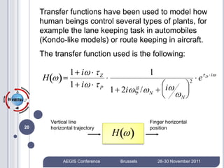 Transfer functions have been used to model how
          human beings control several types of plants, for
          example the lane keeping task in automobiles
          (Kondo-like models) or route keeping in aircraft.
          The transfer function used is the following:

                   1 i   Z                     1
          H                                               e D  i
                   1 i   P                        
                                                     i
                                                            2
                                     1 2i / N    
                                                       N 



             Vertical line                         Finger horizontal

                                     H  
     20      horizontal trajectory                 position



                  AEGIS Conference      Brussels       28-30 November 2011
 