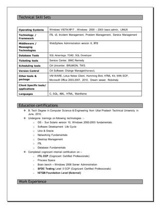 Education certifications
 B. Tech Degree in Computer Science & Engineering from Uttar Pradesh Technical University in
June, 2010.
 Undergone trainings on following technologies :-
o OS - Sun Solaris version 10, Windows 2000-2003 fundamentals.
o Software Development Life Cycle
o Unix & Oracle
o Networking Fundamentals
o Desktop Management
o ITIL
o Database Fundamentals
 Completed cognizant internal certification on –
o ITIL CCP (Cognizant Certified Professionals)
o Process Space
o Brain bench – Windows 2008 Server Administration
o SFDC Testing Level 0 CCP (Cognizant Certified Professionals)
o ISTQB Foundation Level (External)
Work Experience
Technical Skill Sets
Operating Systems Windows VISTA/XP/7 , Windows 2000 – 2003 basic admin, LINUX
Technology /
Framework
ITIL v3, Incident Management, Problem Management, Service Management
Middleware /
Messaging
Technologies
WebSphere Administration version 6, XFB
Database Tools SQL Advantage, TOAD, SQL Developer
Ticketing tools Service Center, BMC Remedy
Scheduling tools CA Unicenter, BRUMON, TWS.
Version Control CA Software Change Manager(Harvest).
Other tools &
package
VM WARE, Lotus Notes Client, Humming Bird, HTML Kit, WIN SCP,
Microsoft Office 2003,2007, 2010, Dream viewer, Robohelp
Client Specific tools/
applications
Languages C, SQL, XML, HTML, Mainframe
 