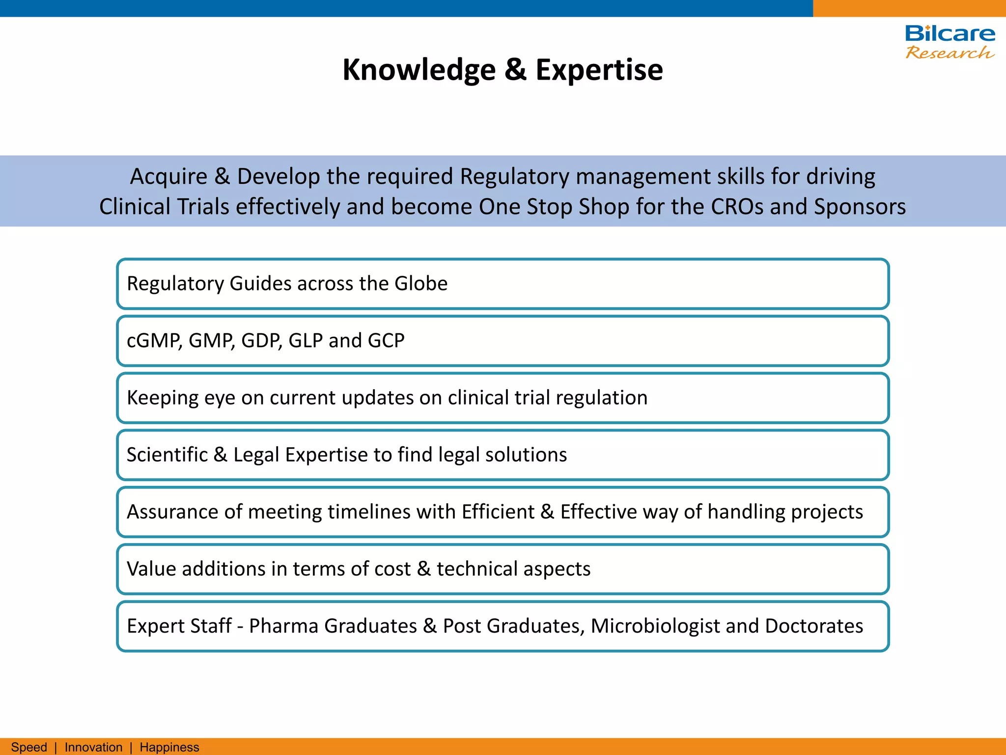 Speed | Innovation | Happiness
Knowledge & Expertise
Regulatory Guides across the Globe
cGMP, GMP, GDP, GLP and GCP
Keeping eye on current updates on clinical trial regulation
Scientific & Legal Expertise to find legal solutions
Assurance of meeting timelines with Efficient & Effective way of handling projects
Value additions in terms of cost & technical aspects
Expert Staff - Pharma Graduates & Post Graduates, Microbiologist and Doctorates
Acquire & Develop the required Regulatory management skills for driving
Clinical Trials effectively and become One Stop Shop for the CROs and Sponsors
 