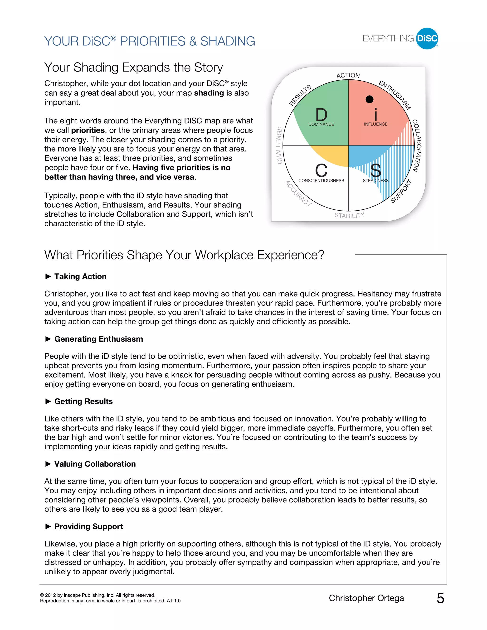 © 2012 by Inscape Publishing, Inc. All rights reserved.
Reproduction in any form, in whole or in part, is prohibited. AT 1.0 Christopher Ortega 5
YOUR DiSC®
PRIORITIES & SHADING
Your Shading Expands the Story
Christopher, while your dot location and your DiSC®
style
can say a great deal about you, your map shading is also
important.
The eight words around the Everything DiSC map are what
we call priorities, or the primary areas where people focus
their energy. The closer your shading comes to a priority,
the more likely you are to focus your energy on that area.
Everyone has at least three priorities, and sometimes
people have four or five. Having five priorities is no
better than having three, and vice versa.
Typically, people with the iD style have shading that
touches Action, Enthusiasm, and Results. Your shading
stretches to include Collaboration and Support, which isn’t
characteristic of the iD style.
What Priorities Shape Your Workplace Experience?
Taking Action
Christopher, you like to act fast and keep moving so that you can make quick progress. Hesitancy may frustrate
you, and you grow impatient if rules or procedures threaten your rapid pace. Furthermore, you’re probably more
adventurous than most people, so you aren’t afraid to take chances in the interest of saving time. Your focus on
taking action can help the group get things done as quickly and efficiently as possible.
Generating Enthusiasm
People with the iD style tend to be optimistic, even when faced with adversity. You probably feel that staying
upbeat prevents you from losing momentum. Furthermore, your passion often inspires people to share your
excitement. Most likely, you have a knack for persuading people without coming across as pushy. Because you
enjoy getting everyone on board, you focus on generating enthusiasm.
Getting Results
Like others with the iD style, you tend to be ambitious and focused on innovation. You’re probably willing to
take short-cuts and risky leaps if they could yield bigger, more immediate payoffs. Furthermore, you often set
the bar high and won’t settle for minor victories. You’re focused on contributing to the team’s success by
implementing your ideas rapidly and getting results.
Valuing Collaboration
At the same time, you often turn your focus to cooperation and group effort, which is not typical of the iD style.
You may enjoy including others in important decisions and activities, and you tend to be intentional about
considering other people’s viewpoints. Overall, you probably believe collaboration leads to better results, so
others are likely to see you as a good team player.
Providing Support
Likewise, you place a high priority on supporting others, although this is not typical of the iD style. You probably
make it clear that you’re happy to help those around you, and you may be uncomfortable when they are
distressed or unhappy. In addition, you probably offer sympathy and compassion when appropriate, and you’re
unlikely to appear overly judgmental.
ACCU
R
ACY
STABILITY
SU
PPORT
CHALLENGE
RES
ULTS
ACTION
ENTHUS
IASM
COLLABORATION
INFLUENCE
STEADINESSCONSCIENTIOUSNESS
C S
iDOMINANCE
D
 