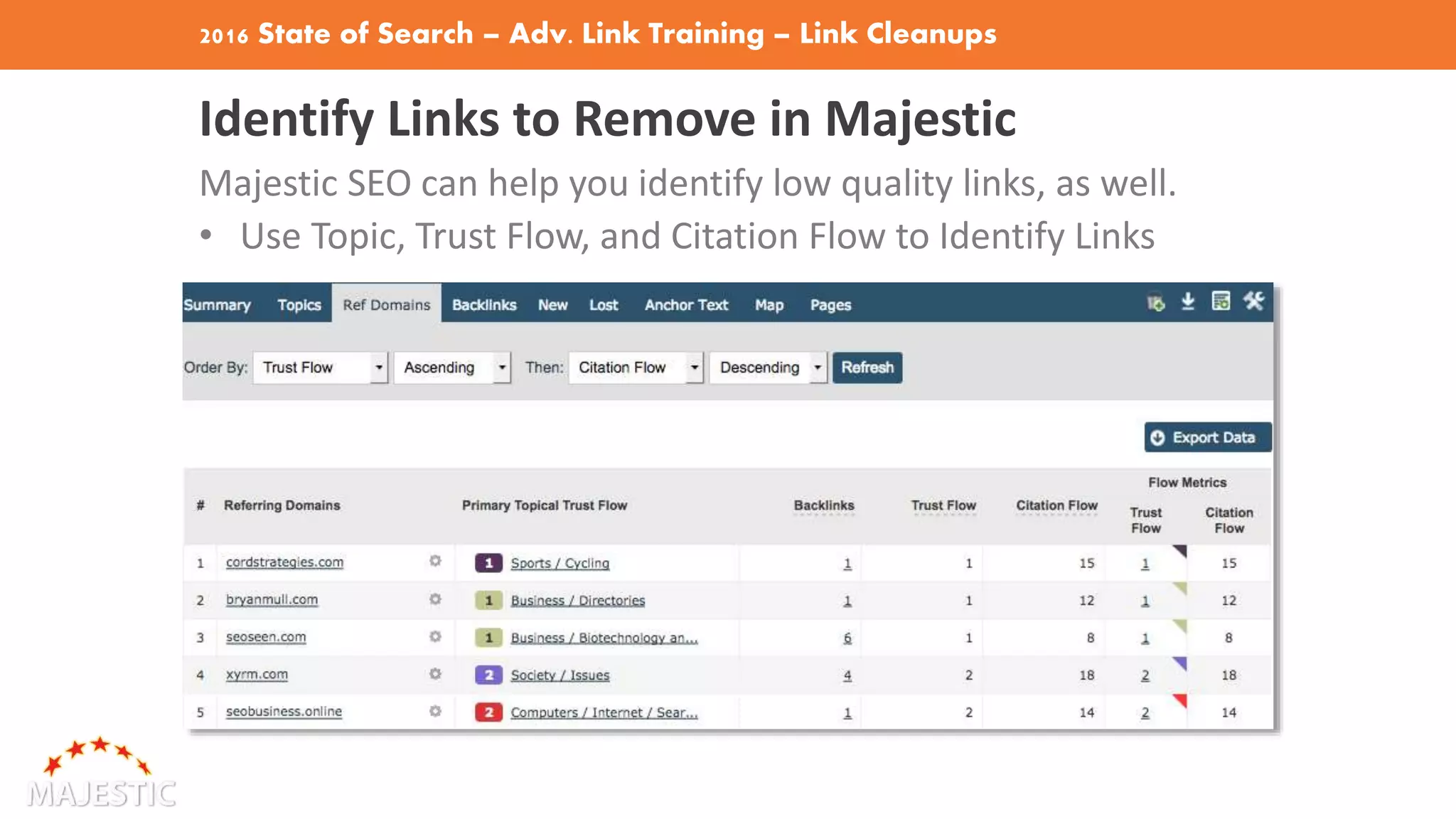 2016 State of Search – Adv. Link Training – Link Cleanups
Identify Links to Remove in Majestic
Majestic SEO can help you identify low quality links, as well.
• Use Topic, Trust Flow, and Citation Flow to Identify Links
 