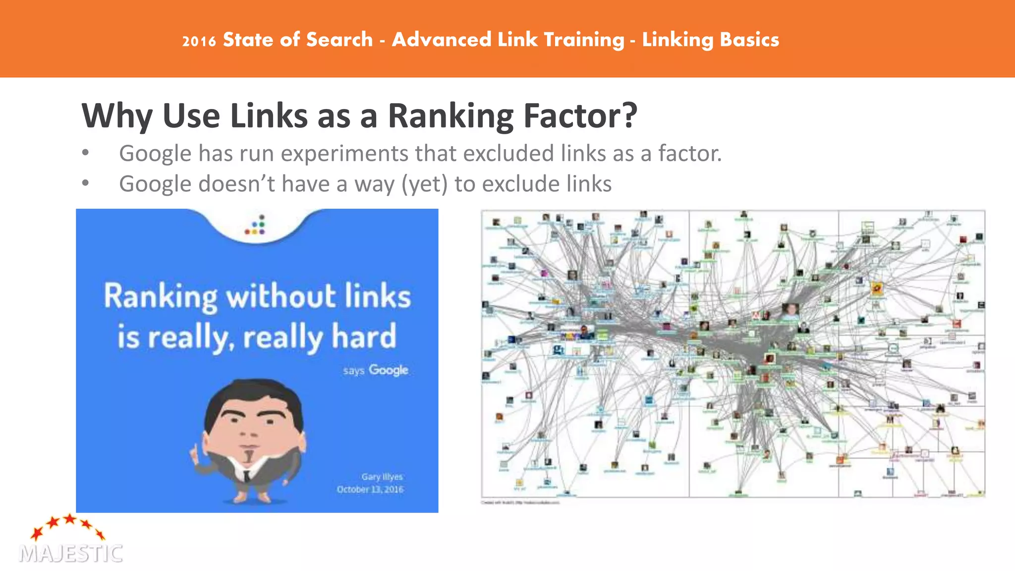 2016 State of Search - Advanced Link Training - Linking Basics
Why Use Links as a Ranking Factor?
• Google has run experiments that excluded links as a factor.
• Google doesn’t have a way (yet) to exclude links
 