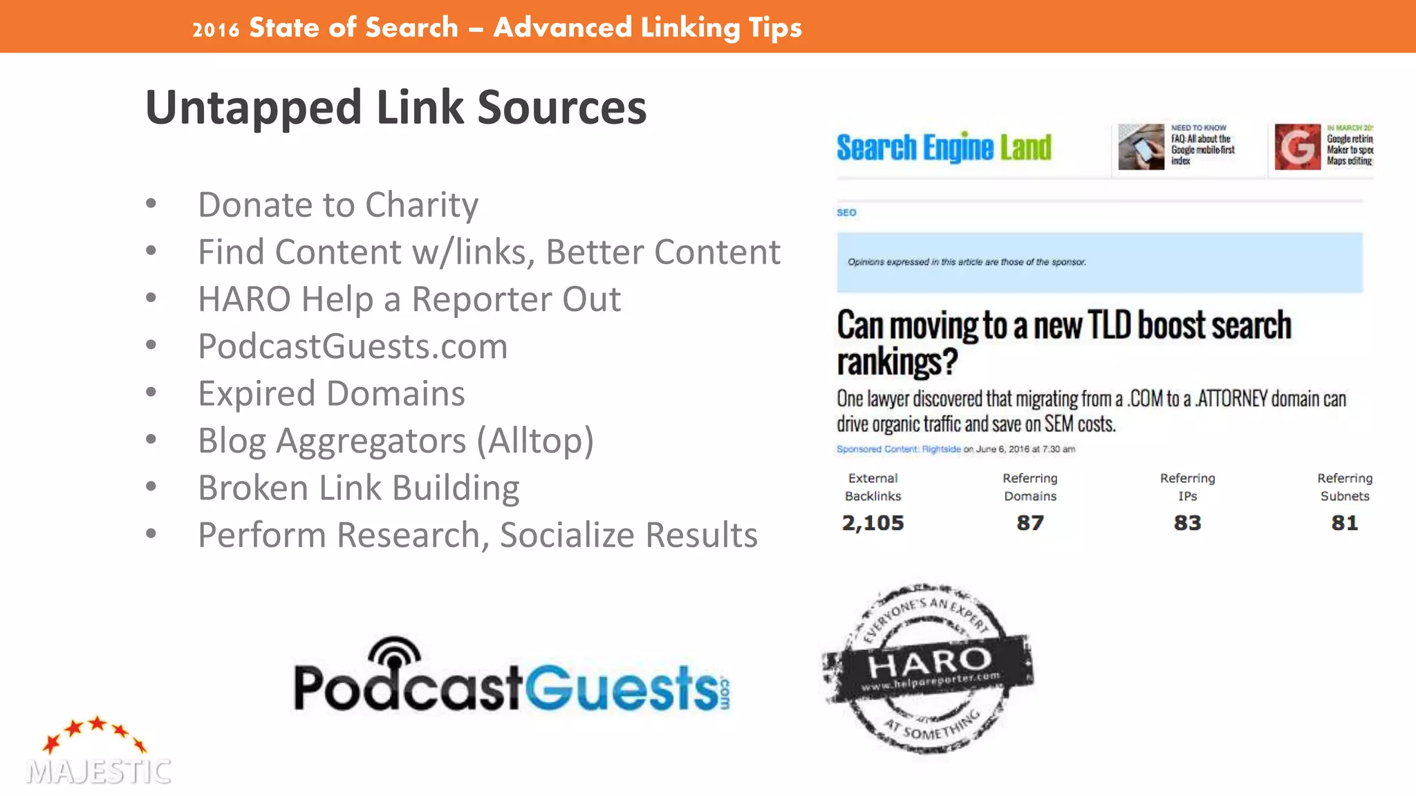 2016 State of Search – Advanced Linking Tips
Untapped Link Sources
• Donate to Charity
• Find Content w/links, Better Content
• HARO Help a Reporter Out
• PodcastGuests.com
• Expired Domains
• Blog Aggregators (Alltop)
• Broken Link Building
• Perform Research, Socialize Results
 