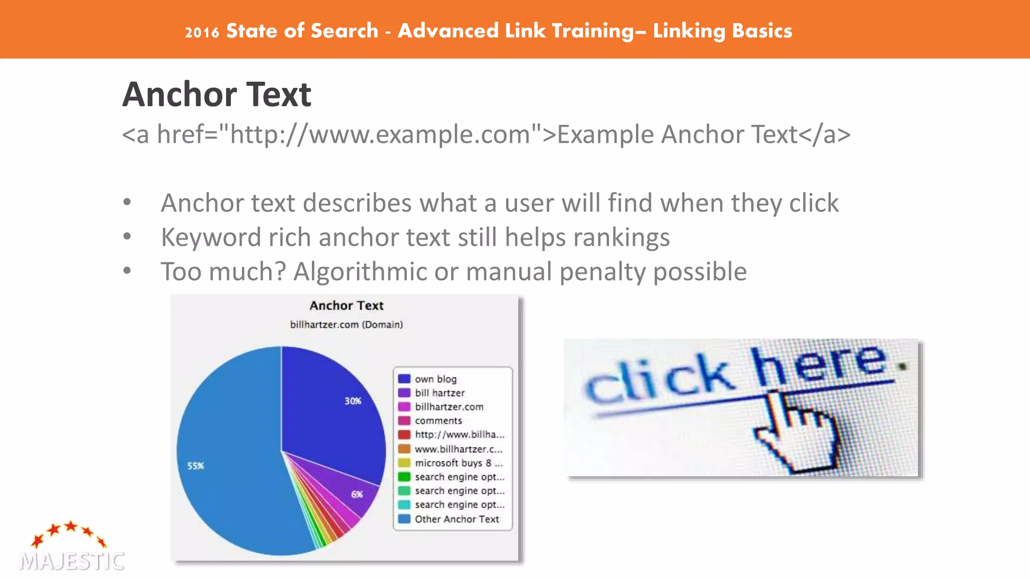2016 State of Search - Advanced Link Training– Linking Basics
Anchor Text
<a href="http://www.example.com">Example Anchor Text</a>
• Anchor text describes what a user will find when they click
• Keyword rich anchor text still helps rankings
• Too much? Algorithmic or manual penalty possible
 