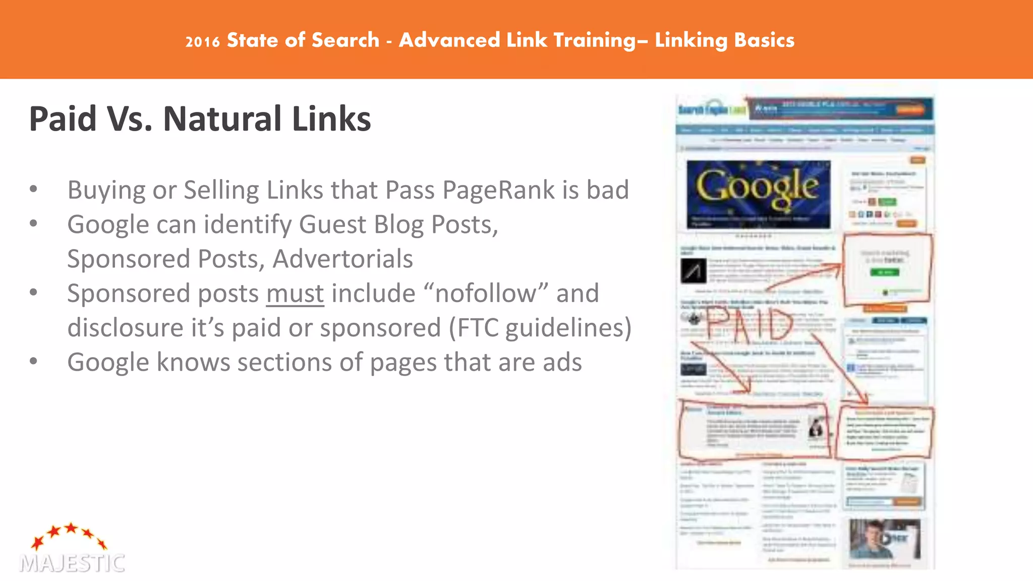 2016 State of Search - Advanced Link Training– Linking Basics
Paid Vs. Natural Links
• Buying or Selling Links that Pass PageRank is bad
• Google can identify Guest Blog Posts,
Sponsored Posts, Advertorials
• Sponsored posts must include “nofollow” and
disclosure it’s paid or sponsored (FTC guidelines)
• Google knows sections of pages that are ads
 