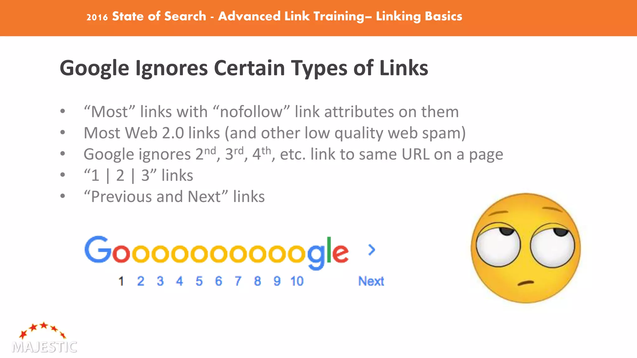 2016 State of Search - Advanced Link Training– Linking Basics
Google Ignores Certain Types of Links
• “Most” links with “nofollow” link attributes on them
• Most Web 2.0 links (and other low quality web spam)
• Google ignores 2nd, 3rd, 4th, etc. link to same URL on a page
• “1 | 2 | 3” links
• “Previous and Next” links
 