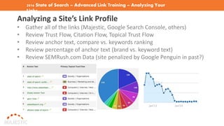 2016 State of Search – Advanced Link Training – Analyzing Your
Links
Analyzing a Site’s Link Profile
• Gather all of the links (Majestic, Google Search Console, others)
• Review Trust Flow, Citation Flow, Topical Trust Flow
• Review anchor text, compare vs. keywords ranking
• Review percentage of anchor text (brand vs. keyword text)
• Review SEMRush.com Data (site penalized by Google Penguin in past?)
 
