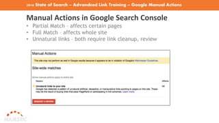 2016 State of Search – Advandced Link Training – Google Manual Actions
Manual Actions in Google Search Console
• Partial Match – affects certain pages
• Full Match – affects whole site
• Unnatural links – both require link cleanup, review
 