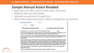 2016 State of Search – Advanced Link Training – Reconsideration Requests
Sample Manual Action Revoked
• Kept track of all URLs, Status of URL, Dates, and emails
• Added all data into spreadsheet
• Uploaded spreadsheet to Google Docs
• Wrote letter explaining process, linked to Google Docs spreadsheet
 