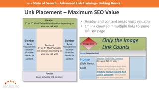 2016 State of Search - Advanced Link Training– Linking Basics
Link Placement – Maximum SEO Value
• Header and content areas most valuable
• 1st link counted if multiple links to same
URL on page
 