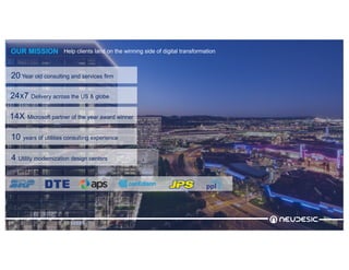 Help clients land on the winning side of digital transformation
OUR MISSION
20 Year old consulting and services firm
24x7 Delivery across the US & globe
14X Microsoft partner of the year award winner
10 years of utilities consulting experience
4 Utility modernization design centers
 