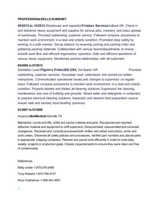 3
PROFESSIONALSKILLS SUMMARY
09/2015 to 10/2015 Warehouse and expeditorTri-lakes ServicesValliant OK Check in
and delivered heavy equipment and supplies for various jobs, inventory and basic upkeep
of warehouse. Provided outstanding customer service. Followed company procedures to
maintain work environment in a neat and orderly condition. Promoted shop safety by
working in a safe manner. Set up stations by receiving picking and packing order and
gathering packing materials. Collaborated with various teams/departments to ensure
smooth work flow and efficient organization operation. Safe and efficient operations of
various heavy equipment. Maintained positive relationships with all customers
04/2009 to 07/2015
Sanitation Lead Pilgrim's Pride/JBS USA De Queen AR Provided
outstanding customer services. Accurately read, understood and carried out written
instructions. Communicated operational issues and changes to supervisor on regular
basis. Followed company procedures to maintain work environment in a neat and orderly
condition. Properly labeled and diluted all cleaning solutions Supervised the cleaning,
maintenance and care of building and grounds. Mixed water and detergents in containers
to prepare chemical cleaning solutions. Inspected and cleaned food preparation area to
ensure safe and sanitary food handling practices.
01/2007 to 07/2009
InspectorAtekMedical Kerrville TX
Maintained counts and lifts, shifts and stocks material and parts. Recognized and reported
defective material and equipment to shift supervisor. Disassembled, reassembled and corrected
changeover. Received and correctly processed both written and verbal instructions, prints and
work orders. Observed all safety policies and procedures. Verified part numbers and placed parts
in appropriate shipping containers. Planned and paced work efficiently in order to meet daily,
weekly, projects or production goals. Closely inspected parts to ensure they were clean and free
of contaminants.
References
Betty snider 1-870-279-2488
Tony Roberts 1-870-784-4737
Russ Yoxtheimer 1-469-441-4957
 