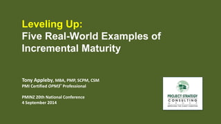 Leveling Up:
Five Real-World Examples of
Incremental Maturity
Tony Appleby, MBA, PMP, SCPM, CSM
PMI Certified OPM3® Professional
PMINZ 20th National Conference
4 September 2014
 