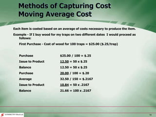 19
Methods of Capturing Cost
Moving Average Cost
Each item is costed based on an average of costs necessary to produce the item.
Example - If I buy wood for my traps on two different dates I would proceed as
follows:
First Purchase - Cost of wood for 100 traps = $25.00 ($.25/trap)
Purchase $25.00 / 100 = $.25
Issue to Product 12.50 = 50 x $.25
Balance 12.50 = 50 x $.25
Purchase 20.00 / 100 = $.20
Average 32.50 / 150 = $.2167
Issue to Product 10.84 = 50 x .2167
Balance 21.66 = 100 x .2167
 