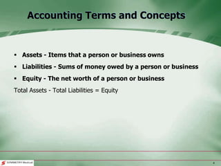 4
Accounting Terms and Concepts
 Assets - Items that a person or business owns
 Liabilities - Sums of money owed by a person or business
 Equity - The net worth of a person or business
Total Assets - Total Liabilities = Equity
 