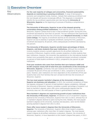 ©2015 The Advisory Board Company 4 eab.com
1) Executive Overview
For the vast majority of colleges and universities, financial sustainability
depends on maintaining or growing enrollment. A range of demographic,
economic and competitive trends, however, indicate that sustaining enrollment over
the next decade will become increasingly difficult. This diagnostic is intended to
identify the top enrollment opportunities and risks facing the University of
Wisconsin, Superior as the beginning of a process of building a comprehensive
strategy.
The University of Wisconsin, Superior is one of the slowest-growing
universities among profiled institutions. From 2003 to 2013, the University of
Wisconsin, Superior ranked third-to-last in total enrollment growth. During this time,
enrollment decreased by more than six percent. The two institutions that experienced
greater enrollment declines than the University were Shepherd University and Fort
Lewis College. The majority of enrollment declines at the University of Wisconsin,
Superior are due to declines in graduate enrollment; during this time, graduate
enrollment decreased by 30 percent, while undergraduate enrollment decreased by
one percent.
The University of Wisconsin, Superior enrolls lower percentages of black,
Hispanic, and Asian students than peer institutions. Although the enrollment of
minority students remains a growth opportunity for all profiled institutions, the
University of Wisconsin, Superior enrolls a greater proportion of white students than
peer institutions. However, the University has capitalized on the international student
market more successfully than peers, as international student enrollment composed
six percent of total student enrollment in 2013, compared to two percent at peer
institutions.
First-year students who come from families that earn between $48K and
$110K compose nearly half of total first year enrollments at the University of
Wisconsin, Superior. Combined, first year students from these income brackets
composed 48 percent of first year enrollments in 2012, compared to 35 percent at
peers. However, peer institutions are more dependent on the enrollment of first year
students that come from families that earn at least $110K than the University of
Wisconsin, Superior.
The two most popular bachelor’s degrees at the University of Wisconsin,
Superior are business and education. In 2013, the combined completions of these
two degrees composed 37 percent of total bachelor’s degree completions. Although
the University of Wisconsin, Superior completes a greater percentage of students in at
least six bachelor’s degrees, peers offer some undergraduate degrees that the
University does not; the most popular of these is general/liberal sciences.
More bachelor’s degrees are experiencing growth at peer institutions than
the University of Wisconsin, Superior. Enrollment in six of 14 bachelor’s degrees
declined at the University of Wisconsin, Superior from 2011 to 2013, whereas four of
17 bachelor’s degrees declined at peers during this time. Notably, the most popular
bachelor’s degrees at the University, business and education, were not the fastest-
growing bachelor’s degrees from 2011 to 2013.
Peers offer more master’s degrees than the University of Wisconsin,
Superior. The University of Wisconsin, Superior offers three master’s programs,
whereas peer institutions offer more than 10 master’s degrees. The most popular
master’s degree at all profiled institutions is education. However, the University of
Wisconsin, Superior, is more dependent on this master’s degree than peers; in 2013
Key
Observations
 