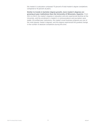 ©2015 The Advisory Board Company 5 eab.com
the master’s in education composed 75 percent of total master’s degree completions
compared to 45 percent at peers.
Similar to trends in bachelor degree growth, more master’s degrees are
growing at peer institutions than the University of Wisconsin, Superior. From
2011 to 2013, the master’s degrees in education and arts experienced declines at the
University, and the enrollment in master’s in communications and journalism were
stable. At profiled peer institutions, the master’s-level business programs are one of
the most popular master’s degrees, and this degree experienced the greatest change
in the number of absolute completions during this time.
 