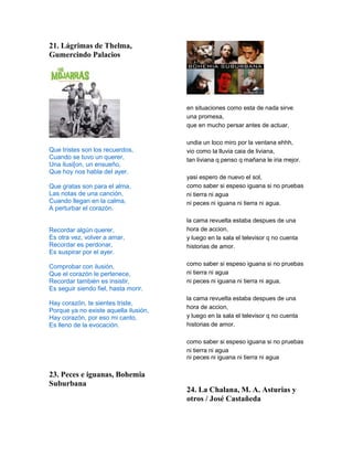 21. Lágrimas de Thelma,
Gumercindo Palacios




                                       en situaciones como esta de nada sirve
                                       una promesa,
                                       que en mucho persar antes de actuar,

                                       undia un loco miro por la ventana ehhh,
Que tristes son los recuerdos,         vio como la lluvia caia de liviana,
Cuando se tuvo un querer,              tan liviana q penso q mañana le iria mejor.
Una ilusi[on, un ensueño,
Que hoy nos habla del ayer.
                                       yasi espero de nuevo el sol,
Que gratas son para el alma,           como saber si espeso iguana si no pruebas
Las notas de una canción,              ni tierra ni agua
Cuando llegan en la calma,             ni peces ni iguana ni tierra ni agua.
A perturbar el corazón.
                                       la cama revuelta estaba despues de una
Recordar algún querer,                 hora de accion,
Es otra vez, volver a amar,            y luego en la sala el televisor q no cuenta
Recordar es perdonar,                  historias de amor.
Es suspirar por el ayer.

Comprobar con ilusión,                 como saber si espeso iguana si no pruebas
Que el corazón le pertenece,           ni tierra ni agua
Recordar también es insistir,          ni peces ni iguana ni tierra ni agua.
Es seguir siendo fiel, hasta morir.
                                       la cama revuelta estaba despues de una
Hay corazón, te sientes triste,
                                       hora de accion,
Porque ya no existe aquella ilusión,
Hay corazón, por eso mi canto,         y luego en la sala el televisor q no cuenta
Es lleno de la evocación.              historias de amor.

                                       como saber si espeso iguana si no pruebas
                                       ni tierra ni agua
                                       ni peces ni iguana ni tierra ni agua

23. Peces e iguanas, Bohemia
Suburbana
                                       24. La Chalana, M. A. Asturias y
                                       otros / José Castañeda
 
