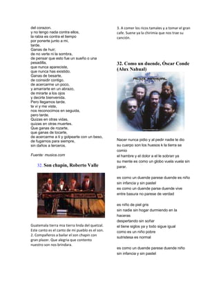 del corazon.                                     3. A comer los ricos tamales y a tomar el gran
y no tengo nada contra ellos,                    cafe. Suene ya la chirimia que nos trae su
la rabia es contra el tiempo                     canción.
por ponerte junto a mi,
tarde.
Ganas de huir;
de no verte ni la sombra,
de pensar que esto fue un sueño o una
pesadilla,                                       32. Como un duende, Óscar Conde
que nunca apareciste,
que nunca has existido.
                                                 (Alux Nahual)
Ganas de besarte,
de coinsidir contigo.
de acercarme un poco,
y amarrarte en un abrazo,
de mirarte a los ojos
y decirte bienvenida.
Pero llegamos tarde.
te vi y me viste,
nos reconocimos en seguida,
pero tarde.
Quizas en otras vidas,
quizas en otras muertes.
Que ganas de rozarte,
que ganas de tocarte,
de acercarme a ti y golpearte con un beso,
de fugarnos para siempre,                        Nacer nunca pidio y al pedir nadie le dio
sin daños a terceros.                            su cuerpo son los huesos k la tierra se
                                                 comio
Fuente: musica.com                               el hambre y el dolor a el le sobran ya
                                                 su mente es como un globo vuela vuela sin
    32. Son chapín, Roberto Valle                parar.

                                                 es como un duende parese duende es niño
                                                 sin infancia y sin pastel
                                                 es como un duende parse duende vive
                                                 entre basura no parese de verdad

                                                 es niño de piel gris
                                                 sin nadie sin hogar durmiendo en la
                                                 haceras
                                                 despertando sin soñar
Guatemala tierra mia tierra linda del quetzal.   el tiene siglos ya y todo sigue igual
Este canto es el canto de mi pueblo es el son.   como es un niño pobre
2. Compañeros a bailar el son chapin con
                                                 sutristesa es normal
gran plazer. Que alegria que contento
nuestro son nos brindara.
                                                 es como un duende parese duende niño
                                                 sin infancia y sin pastel
 