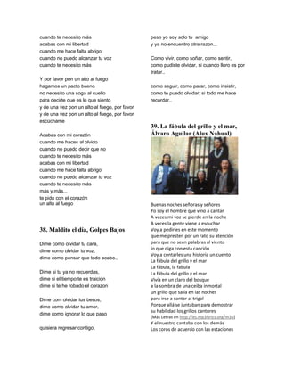 cuando te necesito más                         peso yo soy solo tu amigo
acabas con mi libertad                         y ya no encuentro otra razon...
cuando me hace falta abrigo
cuando no puedo alcanzar tu voz                Como vivir, como soñar, como sentir,
cuando te necesito más                         como pudiste olvidar, si cuando lloro es por
                                               tratar..
Y por favor pon un alto al fuego
hagamos un pacto bueno                         como seguir, como parar, como insistir,
no necesito una soga al cuello                 como te puedo olvidar, si todo me hace
para decirte que es lo que siento              recordar..
y de una vez pon un alto al fuego, por favor
y de una vez pon un alto al fuego, por favor
escúchame
                                               39. La fábula del grillo y el mar,
Acabas con mi corazón                          Álvaro Aguilar (Alux Nahual)
cuando me haces al olvido
cuando no puedo decir que no
cuando te necesito más
acabas con mi libertad
cuando me hace falta abrigo
cuando no puedo alcanzar tu voz
cuando te necesito más
más y más...
te pido con el corazón
un alto al fuego                               Buenas noches señoras y señores
                                               Yo soy el hombre que vino a cantar
                                               A veces mi voz se pierde en la noche
                                               A veces la gente viene a escuchar
38. Maldito el día, Golpes Bajos               Voy a pedirles en este momento
                                               que me presten por un rato su atención
Dime como olvidar tu cara,                     para que no sean palabras al viento
dime como olvidar tu voz,                      lo que diga con esta canción
                                               Voy a contarles una historia un cuento
dime como pensar que todo acabo..
                                               La fábula del grillo y el mar
                                               La fábula, la fabula
Dime si tu ya no recuerdas,                    La fábula del grillo y el mar
dime si el tiempo te es traicion               Vivía en un claro del bosque
dime si te he robado el corazon                a la sombra de una ceiba inmortal
                                               un grillo que salía en las noches
Dime com olvidar tus besos,                    para irse a cantar al trigal
dime como olvidar tu amor,                     Porque allá se juntaban para demostrar
                                               su habilidad los grillos cantores
dime como ignorar lo que paso
                                               [Más Letras en http://es.mp3lyrics.org/m3u]
                                               Y el nuestro cantaba con los demás
quisiera regresar contigo,                     Los coros de acuerdo con las estaciones
 