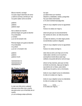 Ella se marchó, se largó                 tus ojos
no quiso seguir esta farsa de amor       ya saben llorar por mentiras
y estiró la sonrisa y brindó por vos     desamor y soledades, dudas y preguntas
no quiero saber como se siente           hoy que estas enamorada
                                         si mi amor tambiennacioalgundia.
yselene
yselene                                  tonta no voy a dejarte nunca no aguantaria
yselene cayó                             las
                                         horas si no estas con migo tu.
tren a siberia se marchó
piernas largas con gusto al alcohol      esta luna gris que va oscureciendome
mi yo descalsa                           las noches sin amor, se vistio de pronto
y no lloró                               con
y yo con el corazón roto                 su traje de colores y mi cielo negro pronto
                                         se alumbraba cuando tu llegaste.
Piernas largas con gusto al alcohol
mi yo descalsa                           tonta no voy a dejarte nunca no aguantaria
mi yo lloró                              las
y yo con el corazón roto                 horas si no estas conmigo tu

yselene                                  esta vida es como una hoja con el vinto
yselene                                  nadie sabe a donde va si la suerte te
yselene murió                            acompaña el viento lleva cada hoja
                                         solitaria a la puerta del amor como la tuya.
naranaranara no
naranaranara no                          ahora no hay razones, para que no tires
naranarana no                            al olvido tus temores, deja que te diga lo
                                         que siento con un beso, pues sobra
60. Tonta, Legión                        decirte que te quiero y ven a mis brazos.

                                         tonta no voy a dejart nunca no entenderia
                                         la vida si no estas con migo tu.

                                         tonta no voy a dejarte nunca no entenderia
                                         la vida si no estas con migo tu.

                                         tonta................tonta..........
tu casi una niña,como cualquier          si no esas con migo tu.
otra que a tus años vive y sueña,
ese gran amor con el final feliz de un
cuento
y tu sin embargo estas sufriendo.
 