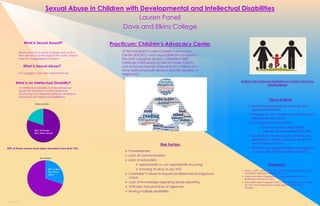 RESEARCH POSTER PRESENTATION DESIGN © 2015
www.PosterPresentations.com
Sexual Assault is a crime of anger and control
that uses sex as a tool against the victim. Sexual
Assault is a one-time occurrence.
It is a pattern of sexually violent behavior.
An Intellectual disability is characterized by
significant limitations in both intellectual
functioning and adaptive behavior (American
Association for Intellectual Disabilities).
What is Sexual Assault?
 Powerlessness
 Lack of communication
 Lack of education
 appropriate vs. not appropriate touching
 knowing its okay to say NO!
 Caretaker’s failure to request professionals background
check
 Lack of knowledge regarding abuse-reporting
 Attitudes and practices of agencies
 Having multiple disabilities
Risk Factors
At the Randolph-Tucker Children’s Advocacy
Center (RTCAC), I was responsible for completing
the OMS caregiver surveys, I attended MDIT
meetings in Randolph as well as Tucker County,
and observed forensic interviews for children who
have been physically abused, sexually abused, or
neglected.
Practicum: Children’s Advocacy Center
50% of those women have been assaulted more than 10X.
Effects of Abuse
 Harmful psychological, physical, and
behavioral effects.
 Pregnancy, STIs, bruises, lacerations, and
other physical injuries.
 Psychosomatic symptoms
 stomachaches, headaches,
seizures, and sleeping difficulties.
 Depression, anxiety, panic attacks, low
self-esteem, shame and guilt, irrational
fear, and loss of trust.
 Withdrawal, aggressiveness, self-injurious
and sexually inappropriate behavior.
References:
 Davis, L. (2011, March 11). Abuse of Children With Intellectual
Disabilities. Retrieved October 29, 2015.
 Frequently Asked Questions on Intellectual Disability. (n.d.).
Retrieved October 29, 2015.
 How often does it happen? (2015, April 13). Retrieved October
29, 2015, from http://www.wcsap.org/how-often-does-it-
happen
Lauren Panell
Davis and Elkins College
Sexual Abuse in Children with Developmental and Intellectual Disabilities
What is Sexual Abuse?
What is an Intellectual Disability?
Women and Abuse
80% of Women
Have Been Abused
Men and Abuse
30% of Men
Have Been
Abuse
Children with Intellectual Disabilities are 4x More Likely to be
Sexually Abused
 