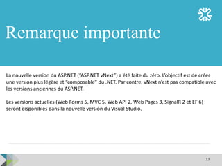 13
Remarque importante
La nouvelle version du ASP.NET (“ASP.NET vNext”) a été faite du zéro. L’objectif est de créer
une version plus légère et “composable” du .NET. Par contre, vNext n’est pas compatible avec
les versions anciennes du ASP.NET.
Les versions actuelles (Web Forms 5, MVC 5, Web API 2, Web Pages 3, SignalR 2 et EF 6)
seront disponibles dans la nouvelle version du Visual Studio.
 