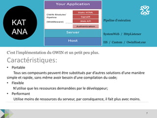 7
C’est l’implémentation du OWIN et un petit peu plus.
Caractéristiques:
• Portable
Tous ses composants peuvent être substitués par d’autres solutions d’une manière
simple et rapide, sans même avoir besoin d’une compilation du code;
• Flexible
N’utilise que les ressources demandées par le développeur;
• Performant
Utilise moins de ressources du serveur, par conséquence, il fait plus avec moins.
KAT
ANA
IIS / Custom / OwinHost.exe
SystemWeb / HttpListener
Pipeline d’exécution
 