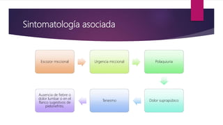 Sintomatología asociada
Escozor miccional Urgencia miccional Polaquiuria
Dolor suprapúbicoTenesmo
Ausencia de fiebre o
dolor lumbar o en el
flanco sugestivos de
pielonefritis.
 