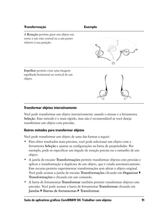 Transformação                               Exemplo

A Rotação permite girar um objeto em
torno a um eixo central ou a um ponto
relativo à sua posição.




Espelhar permite criar uma imagem
espelhada horizontal ou vertical de um
objeto.




Transformar objetos interativamente
Você pode transformar um objeto interativamente usando o mouse e a ferramenta
Seleção. Esse método é o mais rápido, mas não é recomendável se você deseja
transformar um objeto com precisão.

Outros métodos para transformar objetos
Você pode transformar um objeto de uma das formas a seguir:
• Para obter resultados mais precisos, você pode selecionar um objeto com a
   ferramenta Seleção e ajustar as configurações na barra de propriedades. Por
   exemplo, pode-se especificar um ângulo de rotação preciso ou o tamanho de um
   objeto.
• A janela de encaixe Transformações permite transformar objetos com precisão e
   aplicar a transformação à duplicata de um objeto, que é criada automaticamente.
   Esse recurso permite experimentar transformações sem afetar o objeto original.
   Você pode acessar a janela de encaixe Transformações clicando em Organizar
   Transformações e clicando em um comando.
• A barra de ferramentas Transformar também permite transformar objetos com
   precisão. Você pode acessar a barra de ferramentas Transformar clicando em
   Janelas Barras de ferramentas Transformar.

Suíte de aplicativos gráficos CorelDRAW X4: Trabalhar com objetos                    91
 