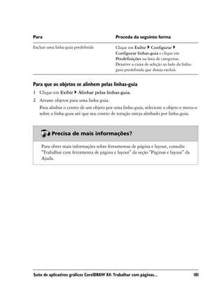 Para                                         Proceda da seguinte forma

Excluir uma linha-guia predefinida           Clique em Exibir Configurar
                                             Configurar linhas-guia e clique em
                                             Predefinições na lista de categorias.
                                             Desative a caixa de seleção ao lado da linha-
                                             guia predefinida que deseja excluir.


Para que os objetos se alinhem pelas linhas-guia
1 Clique em Exibir       Alinhar pelas linhas-guia.
2 Arraste objetos para uma linha-guia.
  Para alinhar o centro de um objeto por uma linha-guia, selecione o objeto e mova-o
  sobre a linha-guia até que seu centro de rotação esteja alinhado por linha-guia.



          Precisa de mais informações?

    Para obter mais informações sobre ferramentas de página e layout, consulte
    "Trabalhar com ferramenta de página e layout" da seção "Páginas e layout" da
    Ajuda.




Suíte de aplicativos gráficos CorelDRAW X4: Trabalhar com páginas...                         181
 