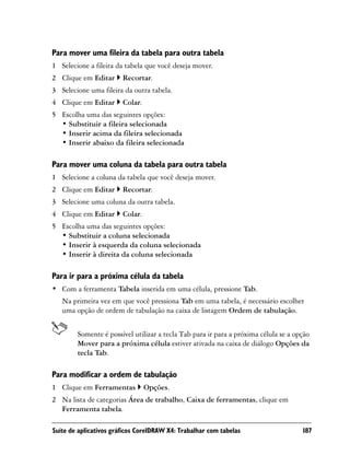 Para mover uma fileira da tabela para outra tabela
1 Selecione a fileira da tabela que você deseja mover.
2 Clique em Editar      Recortar.
3 Selecione uma fileira da outra tabela.
4 Clique em Editar      Colar.
5 Escolha uma das seguintes opções:
  • Substituir a fileira selecionada
  • Inserir acima da fileira selecionada
  • Inserir abaixo da fileira selecionada

Para mover uma coluna da tabela para outra tabela
1 Selecione a coluna da tabela que você deseja mover.
2 Clique em Editar      Recortar.
3 Selecione uma coluna da outra tabela.
4 Clique em Editar      Colar.
5 Escolha uma das seguintes opções:
  • Substituir a coluna selecionada
  • Inserir à esquerda da coluna selecionada
  • Inserir à direita da coluna selecionada

Para ir para a próxima célula da tabela
• Com a ferramenta Tabela inserida em uma célula, pressione Tab.
   Na primeira vez em que você pressiona Tab em uma tabela, é necessário escolher
   uma opção de ordem de tabulação na caixa de listagem Ordem de tabulação.


        Somente é possível utilizar a tecla Tab para ir para a próxima célula se a opção
        Mover para a próxima célula estiver ativada na caixa de diálogo Opções da
        tecla Tab.

Para modificar a ordem de tabulação
1 Clique em Ferramentas          Opções.
2 Na lista de categorias Área de trabalho, Caixa de ferramentas, clique em
  Ferramenta tabela.

Suíte de aplicativos gráficos CorelDRAW X4: Trabalhar com tabelas                    187
 