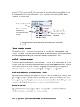 momento. Você também pode ativar ou desativar a configuração da camada principal
de uma camada. Para obter informações sobre camadas principais, consulte “Criar
camadas” na página 199.


      Exibe ou oculta a camada


      Ativa ou desativa a
      impressão e a                                                   Torna uma camada
      exportação para uma                                             editável ou bloqueia a
      camada                                                          camada para impedir
                                                                      alterações



            Os ícones à esquerda do nome de uma camada permitem alterar as propriedades
            da camada.

Mostrar e ocultar camadas
É possível optar por exibir ou ocultar camadas de um desenho. Ocultando-se uma
camada, é possível identificar e editar os objetos de outras camadas. Também é possível
reduzir o tempo necessário para atualizar o desenho quando você o edita.

Imprimir e exportar camadas
É possível configurar propriedades de impressão e exportação de uma camada de forma
a definir se ela será exibida no desenho impresso ou exportado. Observe que as camadas
ocultas serão exibidas na saída final se as propriedades de exportação ou impressão
estiverem ativadas. A camada Grade não pode ser impressa ou exportada.

Definir as propriedades de edição de uma camada
É possível permitir a edição dos objetos de todas as camadas ou restringir a edição para
que você possa editar somente objetos da camada ativa. Pode também bloquear uma
camada para impedir alterações acidentais aos objetos associados a ela. Ao bloquear uma
camada, você não poderá selecionar ou editar os objetos relacionados.

Renomear camadas
É possível renomear camadas para indicar seu conteúdo, a posição na ordem de
empilhamento ou a sua relação com outras camadas.



Suíte de aplicativos gráficos CorelDRAW X4: Trabalhar com camadas                              203
 