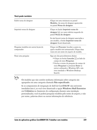 Você pode também

Exibir notas do designer                   Clique em uma miniatura no painel
                                           Modelos. As notas do designer aparecerão
                                           no painel Notas do designer.

Imprimir notas do designer                 Clique no botão Imprimir notas do
                                           designer , no canto inferior esquerdo do
                                           painel Notas do designer.
                                           Se não houver notas do designer associadas a
                                           um modelo, o botão Imprimir notas do
                                           designer ficará desativado.

Pesquisar modelos em outros locais do      Clique em Procurar. Localize a pasta na
computador                                 qual o modelo está armazenado. Clique duas
                                           vezes em um nome de arquivo de modelo.

Parar uma pesquisa                         Siga um dos procedimentos abaixo:
                                              • Clique no botão Cancelar      ao lado do
                                                campo de texto Pesquisar.
                                              • Exclua o termo de pesquisa do campo de
                                                texto Pesquisar (e pressione Enter se
                                                estiver utilizando o Windows XP e não
                                                tiver instalado o Windows Desktop
                                                Search).


         Os modelos que não contêm nenhuma informação sobre categoria são
         agrupados em uma categoria chamada Não especificado.
         Se os componentes de integração de shell do CorelDRAW não estiverem
         instalados (isto é, se você tiver desativado a opção Windows Shell Extension
         em Utilitários no Assistente de configuração durante uma instalação
         personalizada), você só poderá pesquisar modelos pelo nome do arquivo, e não
         por nome, palavras-chave ou outras informações de referência.




Suíte de aplicativos gráficos CorelDRAW X4: Trabalhar com modelos                     259
 