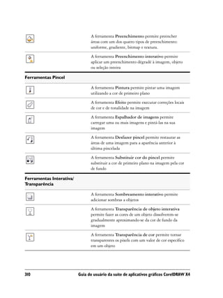 A ferramenta Preenchimento permite preencher
                                áreas com um dos quatro tipos de preenchimento:
                                uniforme, gradiente, bitmap e textura.

                                A ferramenta Preenchimento interativo permite
                                aplicar um preenchimento dégradé à imagem, objeto
                                ou seleção inteira

Ferramentas Pincel

                                A ferramenta Pintura permite pintar uma imagem
                                utilizando a cor de primeiro plano

                                A ferramenta Efeito permite executar correções locais
                                de cor e de tonalidade na imagem

                                A ferramenta Espalhador de imagens permite
                                carregar uma ou mais imagens e pintá-las na sua
                                imagem

                                A ferramenta Desfazer pincel permite restaurar as
                                áreas de uma imagem para a aparência anterior à
                                última pincelada

                                A ferramenta Substituir cor do pincel permite
                                substituir a cor de primeiro plano na imagem pela cor
                                de fundo

Ferramentas Interativa/
Transparência

                                A ferramenta Sombreamento interativo permite
                                adicionar sombras a objetos

                                A ferramenta Transparência de objeto interativa
                                permite fazer as cores de um objeto dissolverem-se
                                gradualmente aproximando-se da cor de fundo da
                                imagem

                                A ferramenta Transparência de cor permite tornar
                                transparentes os pixels com um valor de cor específico
                                em um objeto




310                       Guia do usuário da suíte de aplicativos gráficos CorelDRAW X4
 